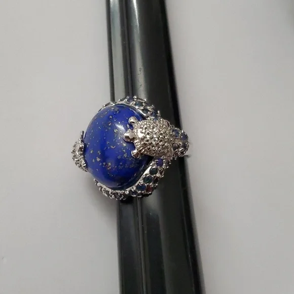 Sterling Silver 925 Lapis Lazuli Turtle Sapphire Halo Ring - Picture 9 of 10